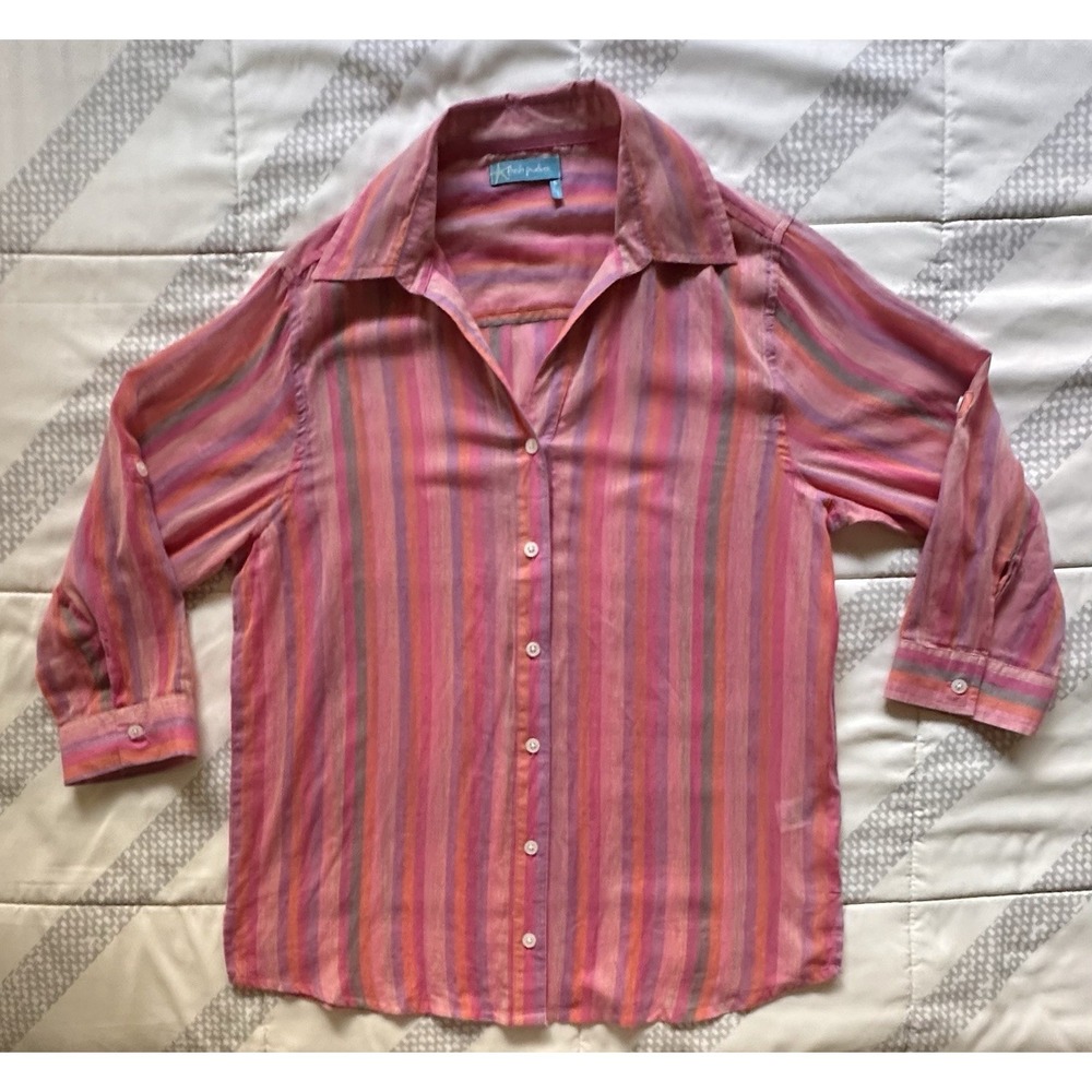 Fresh Produce S Striped Button Up Shirt Coastal Beach Cotton Pink Purple Orange